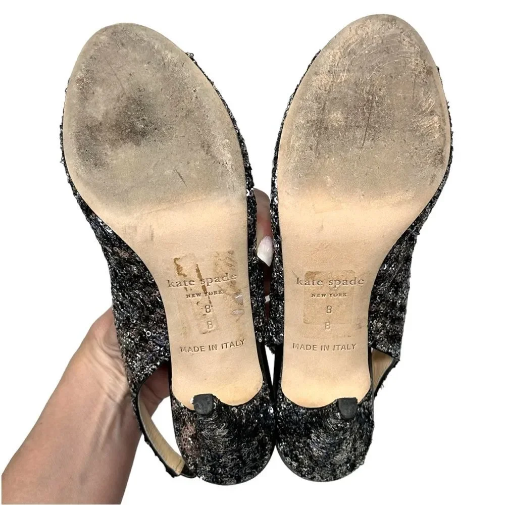 KATE SPADE Charm Micro Sequin Silver Slingback Pumps Heels Peep Toe Bow 8